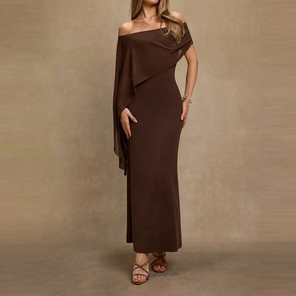 Fashion High Waist Temperament Long Dress Elegant Irregular Solid Party Dress Sexy Off Shoulder Draped Wrap Hips Dress