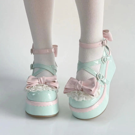 Sweet Lolita Style Girls Flat Platform ,Female Students Cute Bowknots Mary Jane Ankle Strap Elevator Shoes