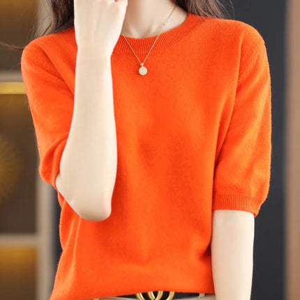 Short-sleeved Knitwear O-neck T-shirt Wool Cotton Blend Pullover Vest Sprig Summer Bottoming Tops Sweater