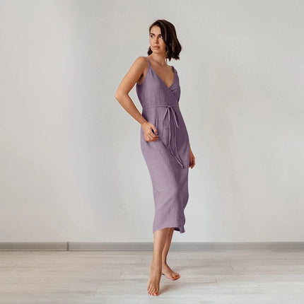 Summer 100% Cotton Muslin Dress V-Neck Tie-Up Sexy Sleeveless Bandage Long Maxi Dresses Party Holiday Vestido