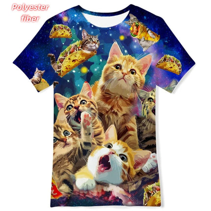 3D Print Fun Cute Cat T-Shirt For Men Pizza Burger Pattern Tees Summer Street Casual Short Sleeve Tops Loose Round Neck T Shirts