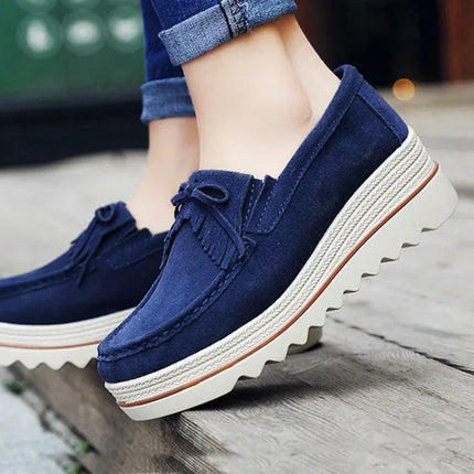 Women Cow Suede Casual Shoe Wedge Platform Height Increasing Single Shoes Tassel Muffin Shake Loafers Mother Walking Shoes 35-42