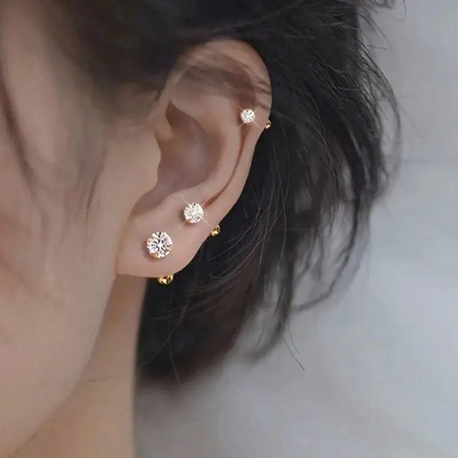 3Pairs Classic Round Zirconia Stud Earrings For Women, Stainless Steel Women's Cartilage, Tragus, Lobe - product image 2