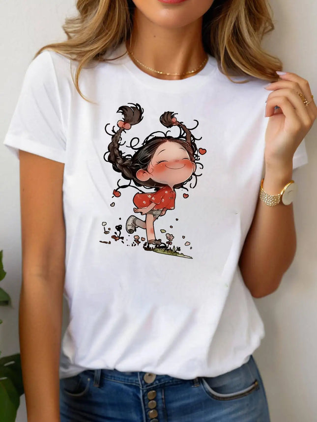 Niedliches Cartoon-Mädchen-Print Damen T-Shirt Lässiges Outdoor Leicht Bequem Alltag Gedruckter Rundhalsausschnitt Kurzarm Saison