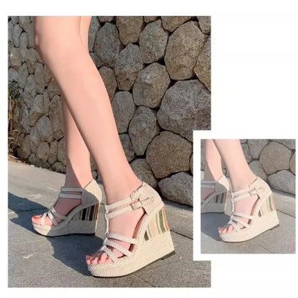 2026 Summer New Line One Button Ultra High Heel Slope Heel Waterproof Platform Ethnic Style Thick Sole 12-14-16cm Women's Sandal
