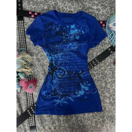 Women's Y2k Grunge T-Shirts 2000s Vinage Rhinestone Print Heart Rose T-Shirt Aesthetics Harajuku Round Neck Tops Street Fashion