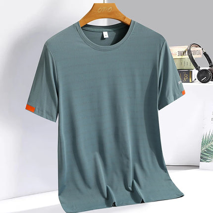 Summer Men's Silk Ice Round Collar T-shirt, Simple Running Fitness Suit, Breathable Thin T-shirt, Quick Dry T-shirt, Summer Tees