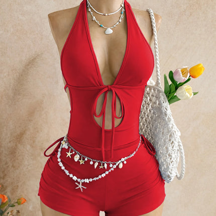 American-Style Spicy Girl Red One-Piece Jumpsuit, Halter Neck, Deep V, Backless, Tie-Waist, Slimming, Short Beach Vacation Jumpsuit
