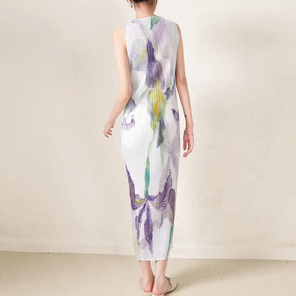 Sleeveless round neck dress for women 2023 new high-end printed pleated straight tube  vestidos elegantes para mujer