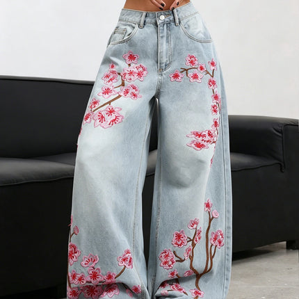 American high waisted wide leg jeans light blue washed pink floral embroidery with loose hanging edges