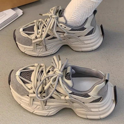 Women Casual Chunky Sneakers 2025 Spring Thick Soled Women's Lace Up Casual Sneakers Height Increasing Shoes
