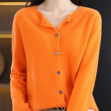 New Fashion Spring 100% Merino Wool Womens O-neck Cardigan Cashmere Sweater 2024 Female Clothing Grace Knitwear Korean Tops