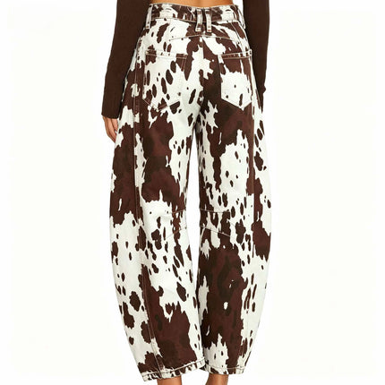 High Waist Cow Print Curved Knife Jeans Slimming Versatile Cow Patterned Stretch Denim Trousers for Women
