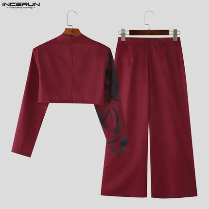 INCERUN Men Sets Printing Lapel Long Sleeve Crop Blazer & Pants Two Pieces Sets Streetwear Loose Fashion Men Casual Suits S-5XL