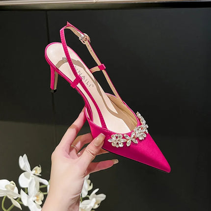 High Heels Sandals, Women's Rhinestone Toe, Spring and Summer Pointed Satin White Wedding Shoes, Bridesmaid Shoes