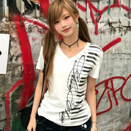Tonngirls Y2k Aesthetic T Shrit Women V Neck Print Graphic Tops Japanese 2000s Vintage Tee Tops E-girls American Retro Tshirts