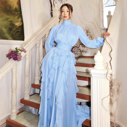 Spring Summer New Fashion Women's Light Blue Solid Color Casual Trendy Long Lantern Sleeve Floor Length Ceremonial Dress Female