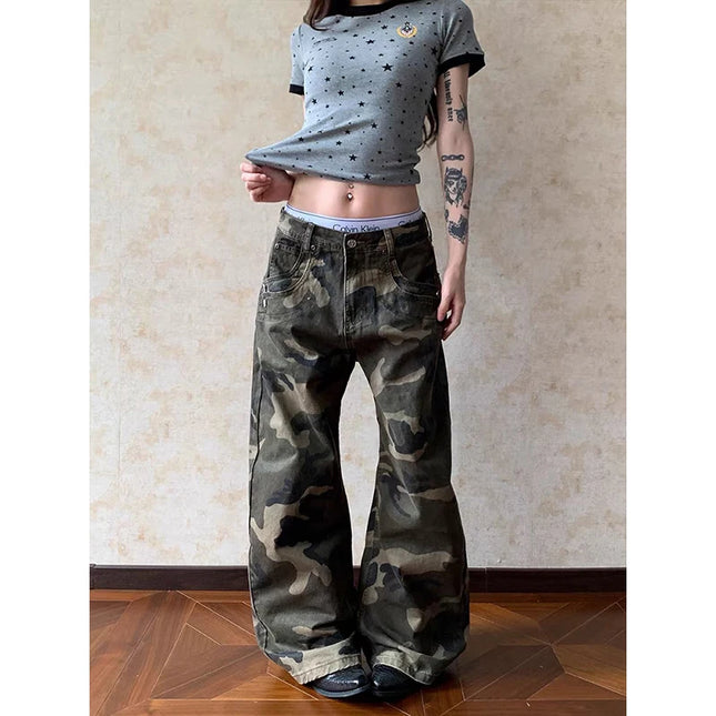 Women Camouflage Gothic Y2k Gyaru Baggy Jeans Oversize Denim Trousers Vintage Harajuku Grunge Cargo Wide Leg Jean Pants