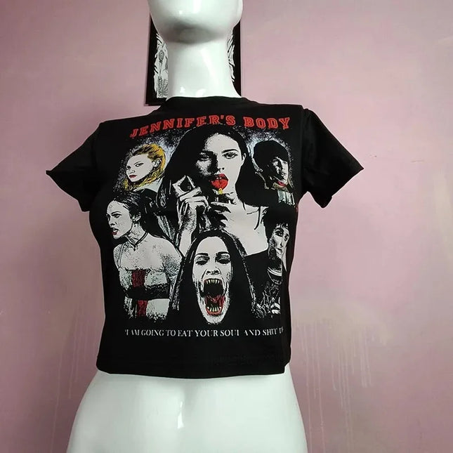 Women's T-shirt Harajuku crop Top Harajuku Retro Korean Black Demon Punk Gothic Anime Print Clothes Slim