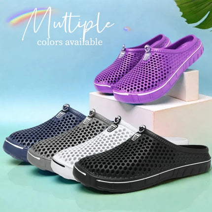 Perforated EVA slip-on clogs in purple, navy, gray, white and black