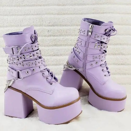 Size 47 Women Sliver Laser Shiny Patent Leather Cross Tied Lace Up Round Toe Platform Chunky Heels Ankle Boots Punk Short Boots