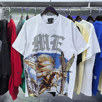 Fashion Brand Mixed Emotion Embroidery Rhinestone American Streetwear Angel Print Hot Diamond Top Tee Men Women Loose T shirts