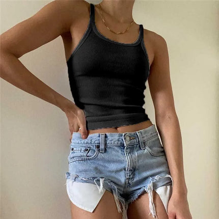 Threaded Knitted Strap Tank Top, Slim Fit, Outer Wear, Inner Wear, U-shaped Neck, Women's Solid Color, Women's Summer Tank Top