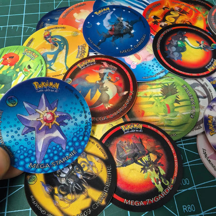 10-90Pcs 3D Flip Pokemon ZA Mega Evolution Tazos Complete Set Lenticular Round Pogs Eco Plastic 4cm Anime Collectible Game Cards