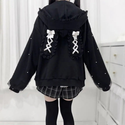 Long Sleeve Strapped Rabbit Ear Hoodie Lolita JK Winter Autumn Rabbit Ear Hoodie Kawaii Ladies Top Cardigans Women Y2K