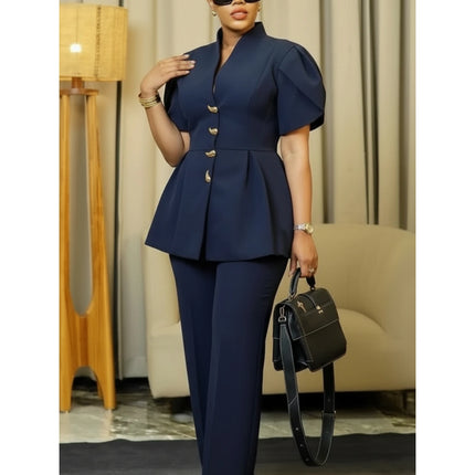 Women Stand Collar Puff Sleeve Button Peplum Top And Straight Leg Pants For Elegant Office Business And Daily Occasion