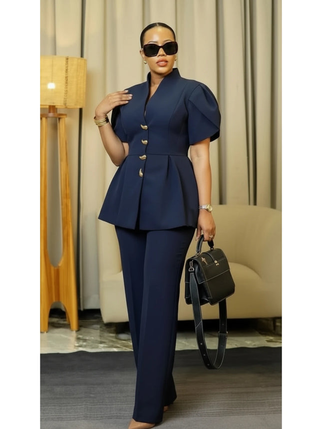 Women Stand Collar Puff Sleeve Button Peplum Top And Straight Leg Pants For Elegant Office Business And - product image 2