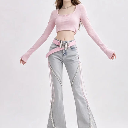 Harajuku Streetwear Retro Fashion Women High Waist Jeans Horn Fork Design Wide Leg Straight Loose Denim Trousers Y2K Baggy Pants