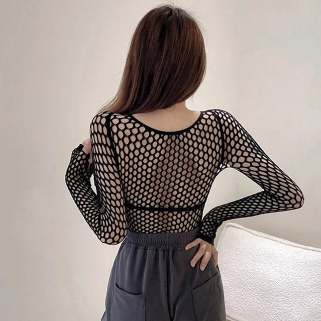 Womens Sexy Mesh Long Sleeve Fishnets Tops Fun Fashion Slim Fit Tops Hollow Out See Through Loose Female - product image 2