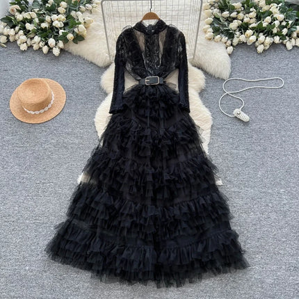 Elegant Cake Dress Spring Clothing Women Full Sleeve O-neck Maxi Long Dresses Evening  Party Club Ball Gown Mesh Dress Vestidos