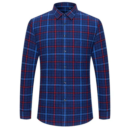 Mens 100% Cotton Casual Shirt Slim Fit Button Classic Striped Plaid Long Sleeve Shirts Single Pocket Comfortable Workwear Shirts