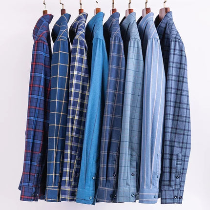 Mens 100% Cotton Casual Shirt Slim Fit Button Classic Striped Plaid Long Sleeve Shirts Single Pocket Comfortable Workwear Shirts