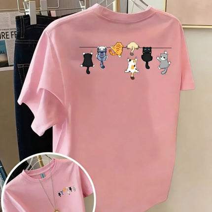 Cartoons Cats Prints T-Shirts Summer Womens Cotton T Shirts Basic O-Neck Oversized Short Sleeve Tops Casual Street Woman Clothes