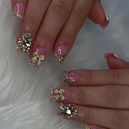24pcs Nude Pink Sweet Fake Nails Short Duckbill Leopard Print French False Nails With 3D Bowknots Butterfly Cherry Press On Nail