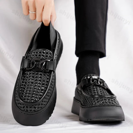 Retro Weave Hollow Breathable Casual Single Shoes for Men 2025 Spring New Low Top Comfortable Versatile Fashion Platform Loafers