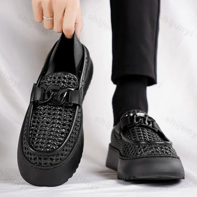 Retro Weave Hollow Breathable Casual Single Shoes for Men 2025 Spring New Low Top Comfortable Versatile Fashion Platform Loafers