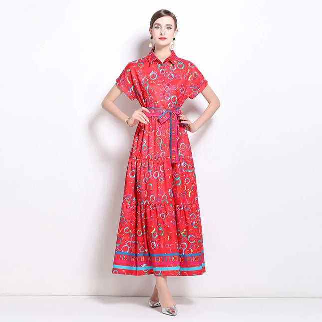 Hochwertiger Fashion-Print Eleganter, vielseitiger Damenkleid für Sommer und Herbst Polo Einreihiger Schnür-Bleistiftrock
