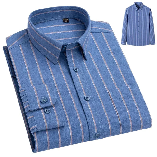 Herren Hemd aus 100% Baumwolle, leger, schmale Passform, Knopfleiste, klassisches Streifen-Karo-Muster, Langarm, einzelne Brusttasche, bequemes Arbeitshemd