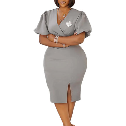 Puff Sleeve Prom Dress Elegant Office Lady Midi Dresses 2025 Women Summer Outfits Sexy V Neck Bodycon Solid African Dress