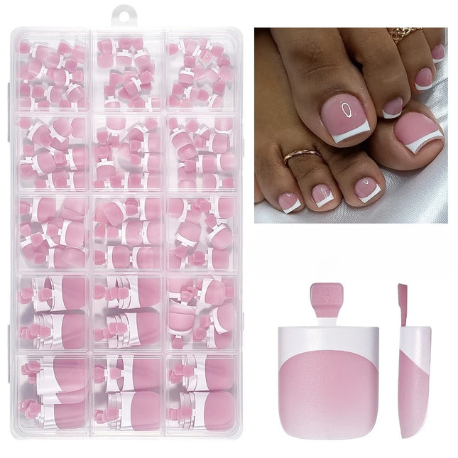 150 Uds. Juego de Uñas Postizas Francesas para los Pies, Verano, Cortas, Cuadradas, Brillantes, Acrílicas, de Cobertura Completa, Adecuadas para Salón de Uñas