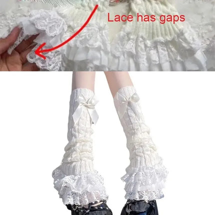 Japanese Women Knitted Leg Warmer Bow Tiered Ruffled Socks Girl Lace Lolita Socks Calf T-shaped Lace Leg Horn Warmers Women