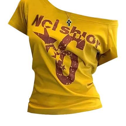 Y2k Sport Summer Off shoulder Top Women Sexy Vintage 2000s Short sleeve T shirt  Lady Body Basic Crop Top Female Casual