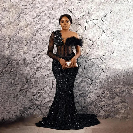 Customized Black Mermaid Sequined Glitter Prom Dresses Long Sleeves Feathers Lace Beaded Aso Ebi Sheer Special Occsion Dress