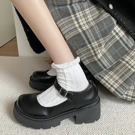 Platform Shoes for Women Mary Jane Shoes Concise Lolita Black Heeled Shoes Student College Sweet Medium Heel Women Single Shoe