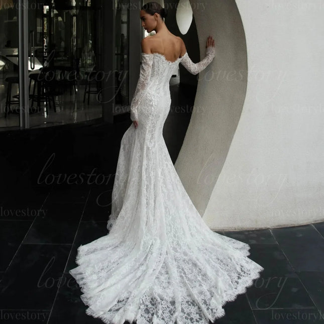Maßgeschneiderte Hochzeitskleider Spitze schulterfrei Exquisite Brautroben Perlen Meerjungfrauen-Brautkleid Klassisches vestido de novia