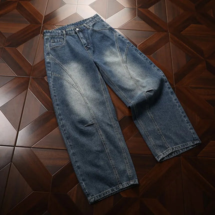 Spring New American Curved Washed Man Pants Loose Vintage Street Denim Regular Straight Wide Leg Jeans Men